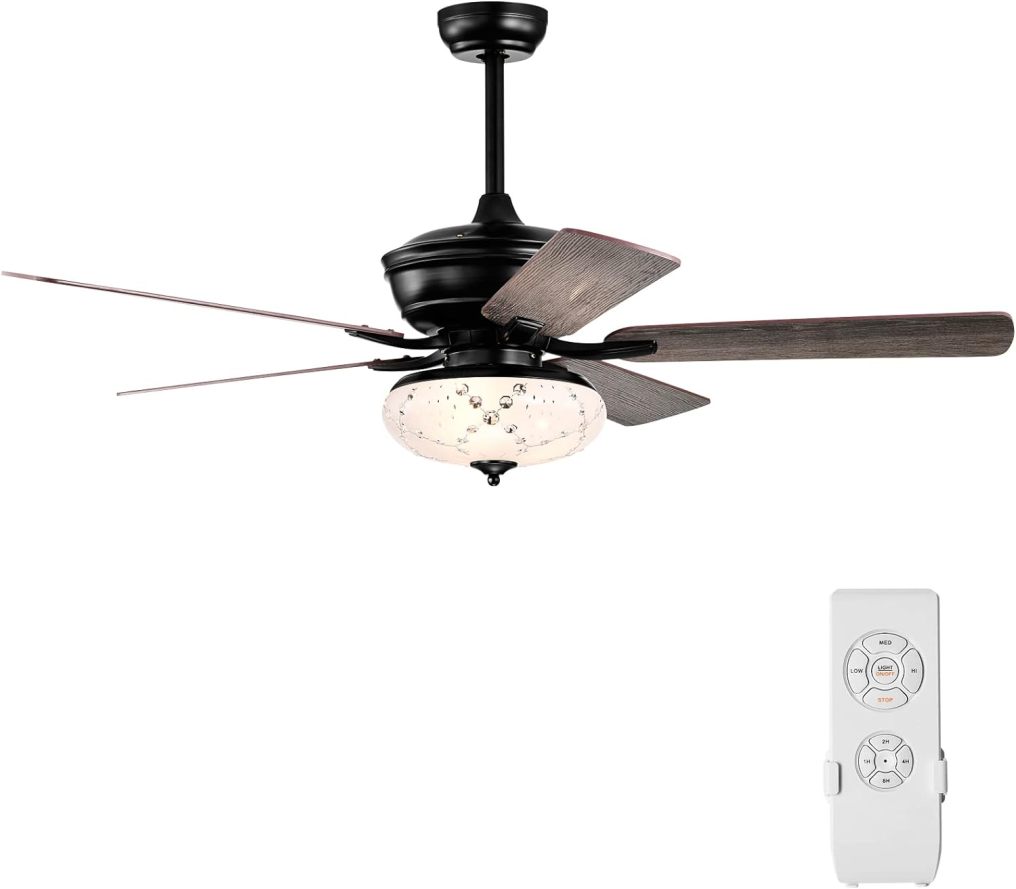 52-Inch Ceiling Fan with Remote Control, Crystal Ceiling Fan with 3 Wind Speeds and 5 Reversible Blades