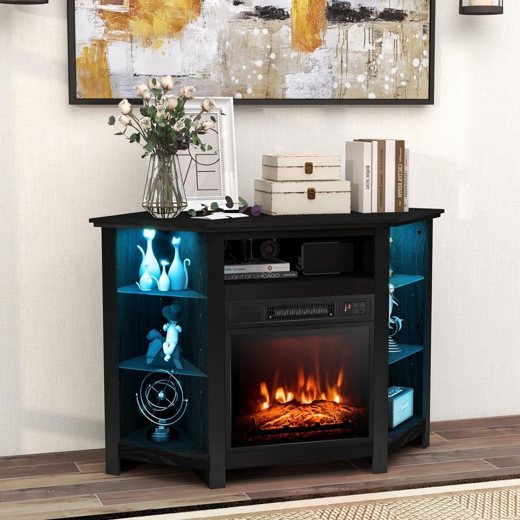 ARLIME Corner Fireplace TV Stand with LED Lights for TVs up to 50”, Modern Entertainment Center with Electric Fireplace