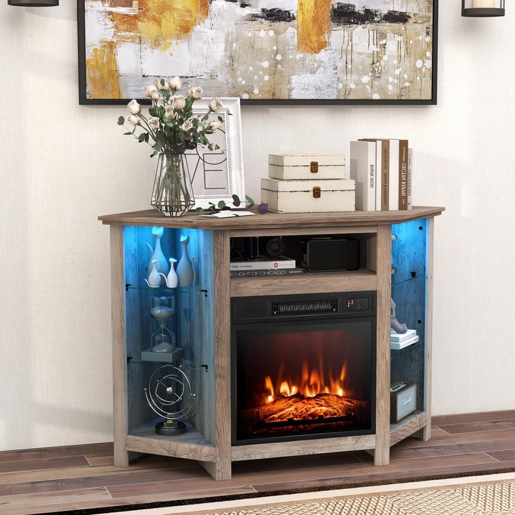 ARLIME Corner Fireplace TV Stand with LED Lights for TVs up to 50”, Modern Entertainment Center with Electric Fireplace