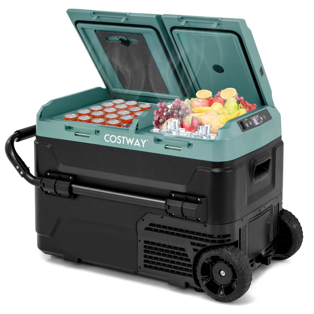 Car Refrigerator with Wheels, 42-Quart Dual-zone Dual-temperature Electric Cooler, 12V/24V DC, 100-240V AC, Green+Black