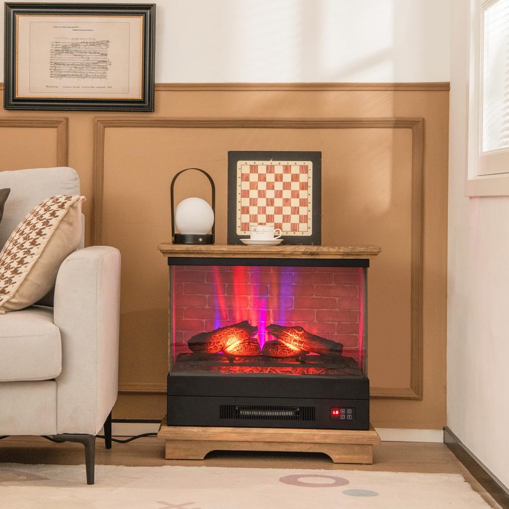 Electric Fireplace with 3-Sided Glass 27-inch Wide, 1400W Freestanding Fireplace Heater with Remote Control