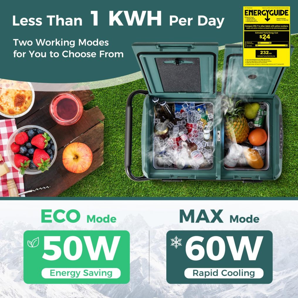 Car Refrigerator with Wheels, 42-Quart Dual-zone Dual-temperature Electric Cooler, 12V/24V DC, 100-240V AC, Green+Black