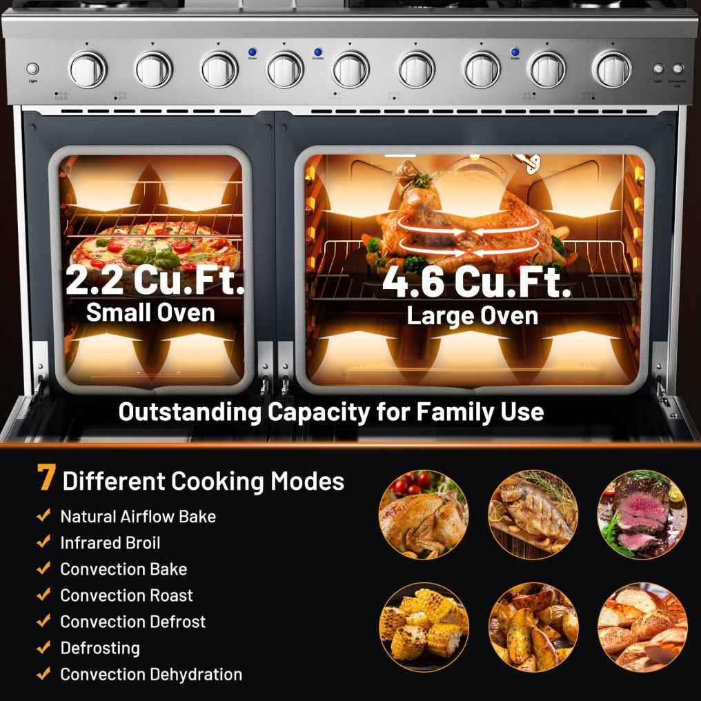 48 Inches Natural Gas Range, with 7 Burners Cooktop & Double Ovens, Storage Drawer