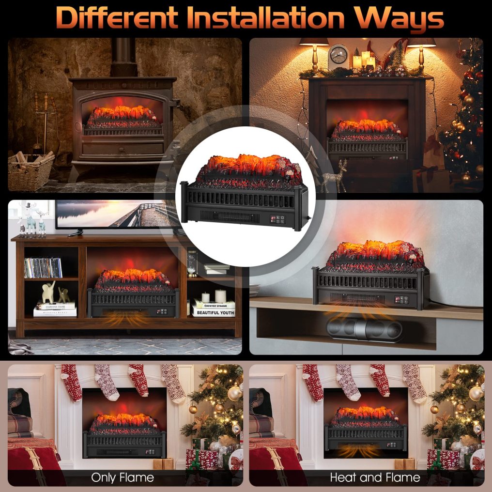 23" Electric Fireplace Log Set Heater, Portable Realistic Ember Bed Fireplace Insert w/Adjustable Flame Brightness & Temperature