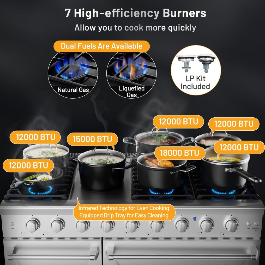 48 Inches Natural Gas Range, with 7 Burners Cooktop & Double Ovens, Storage Drawer