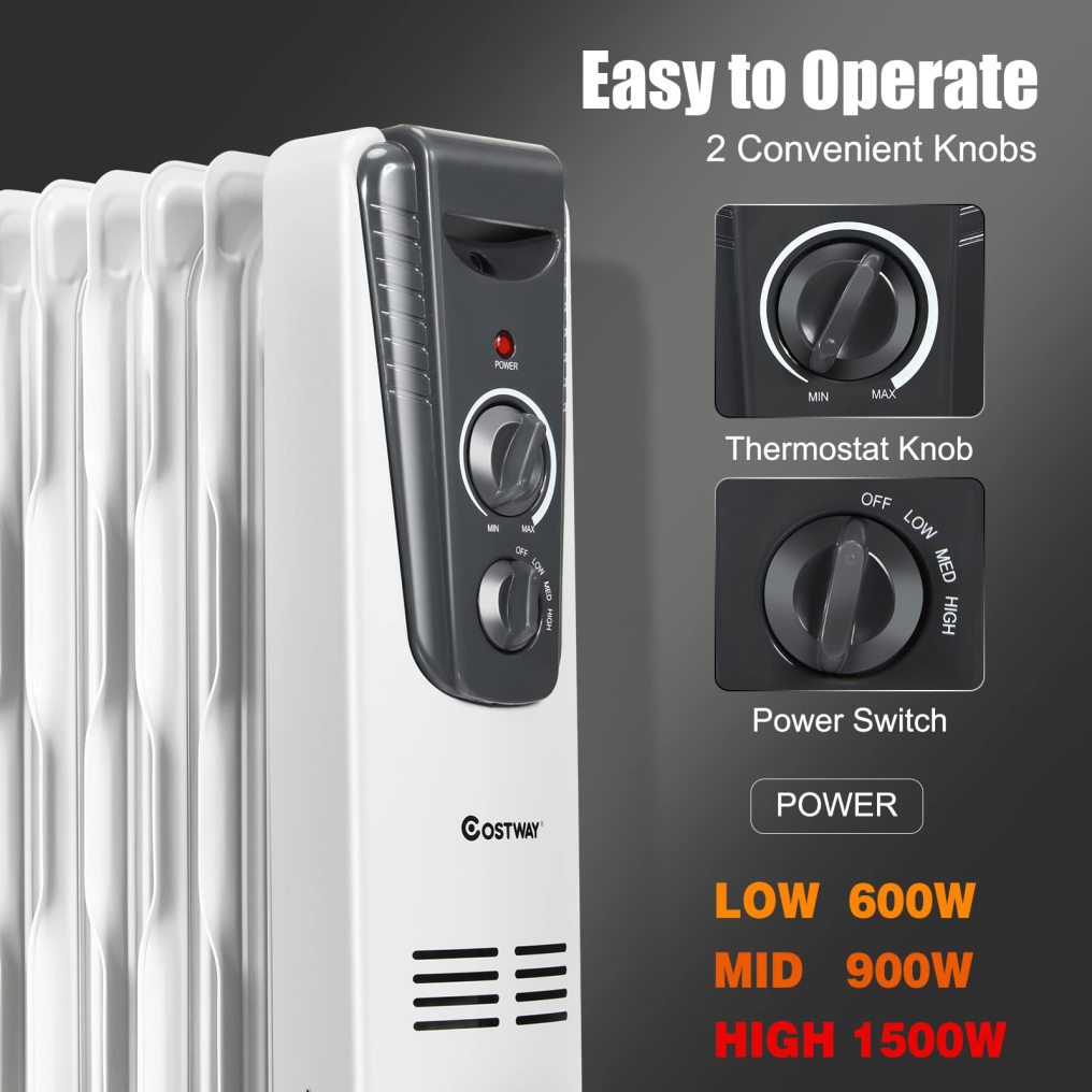 Oil Filled Radiator Heater, 1500W Portable Space Heater with Adjustable Thermostat, 3 Heat Setting