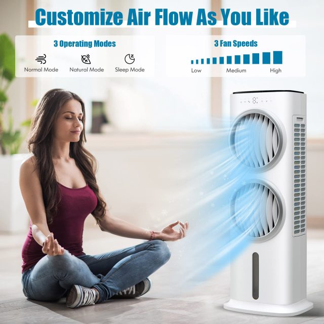 ARLIME Evaporative Air Cooler, 3-in-1 Portable Cooling Fan, 3 Modes, 5 Wind Speeds, 80° Oscillation, 2.4Gal Water Tank & 2 Ice Packs, Remote Control
