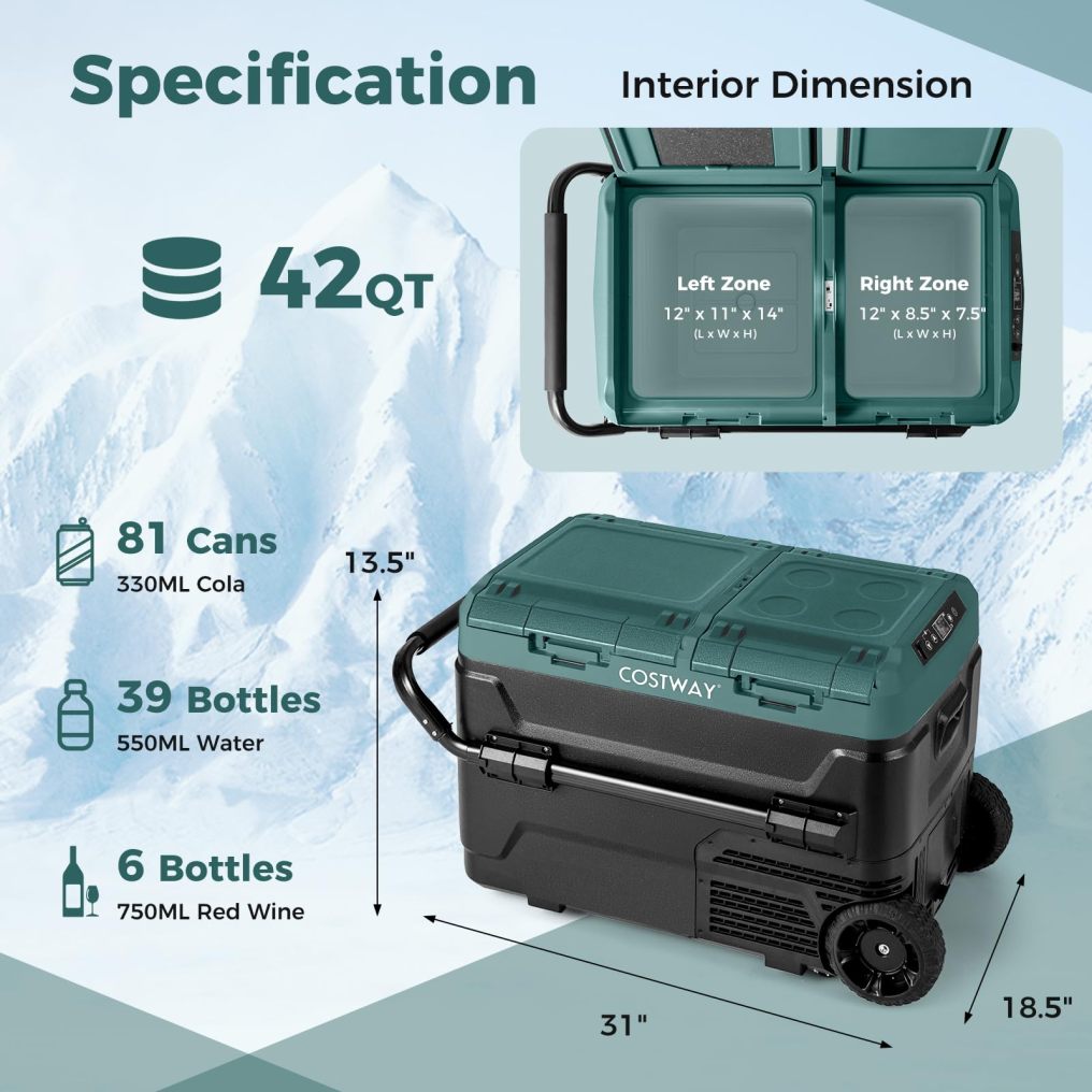 Car Refrigerator with Wheels, 42-Quart Dual-zone Dual-temperature Electric Cooler, 12V/24V DC, 100-240V AC, Green+Black