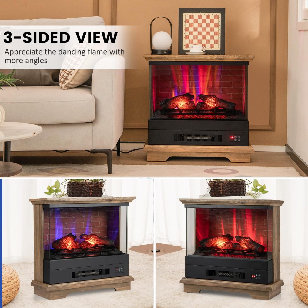 Electric Fireplace with 3-Sided Glass 27-inch Wide, 1400W Freestanding Fireplace Heater with Remote Control