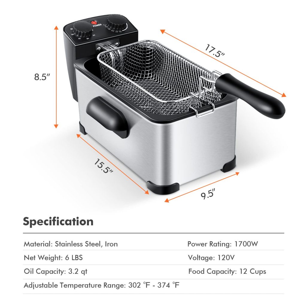 ARLIME Deep Fryer with Basket, 3.2Qt Stainless Steel Electric Oil Fryer