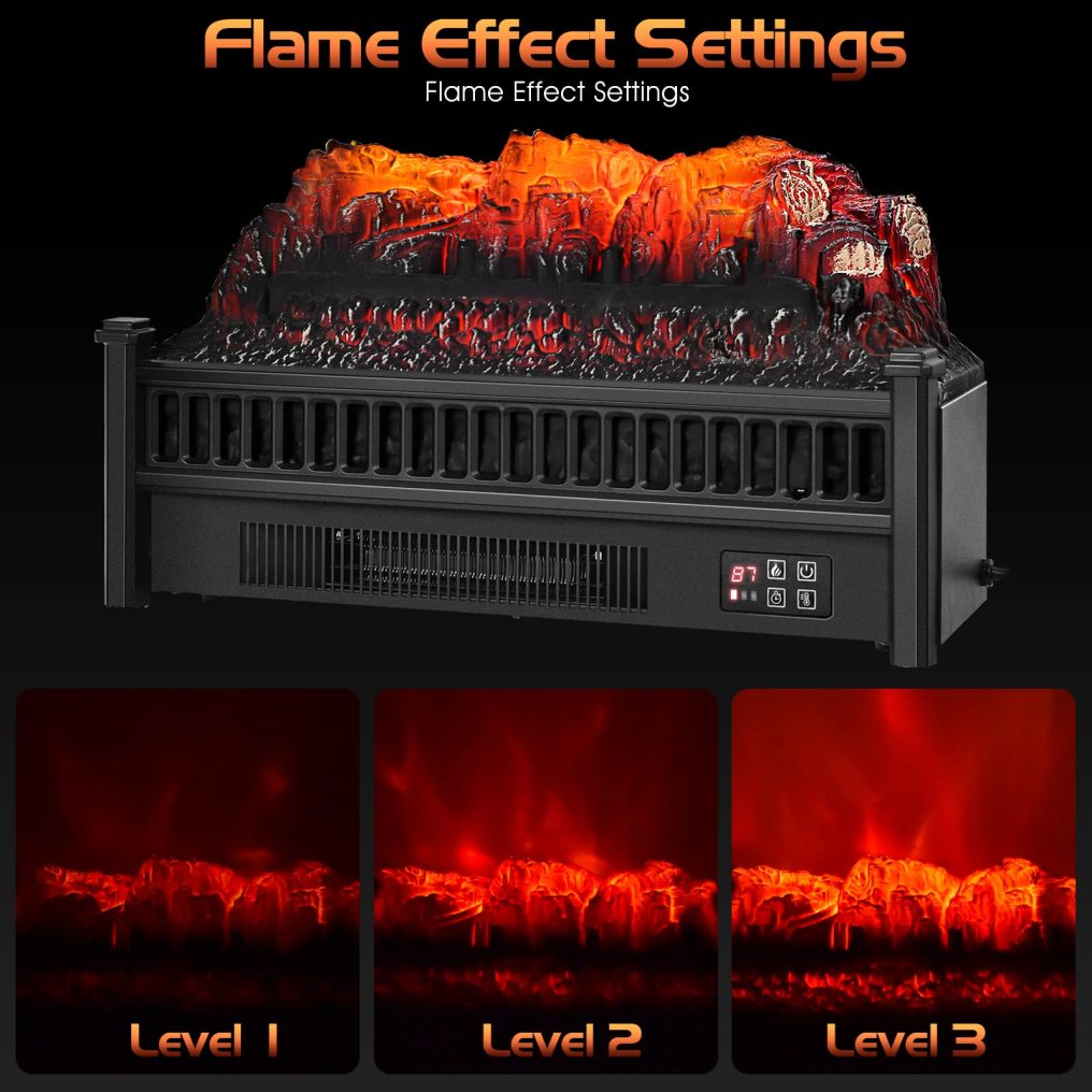 23" Electric Fireplace Log Set Heater, Portable Realistic Ember Bed Fireplace Insert w/Adjustable Flame Brightness & Temperature