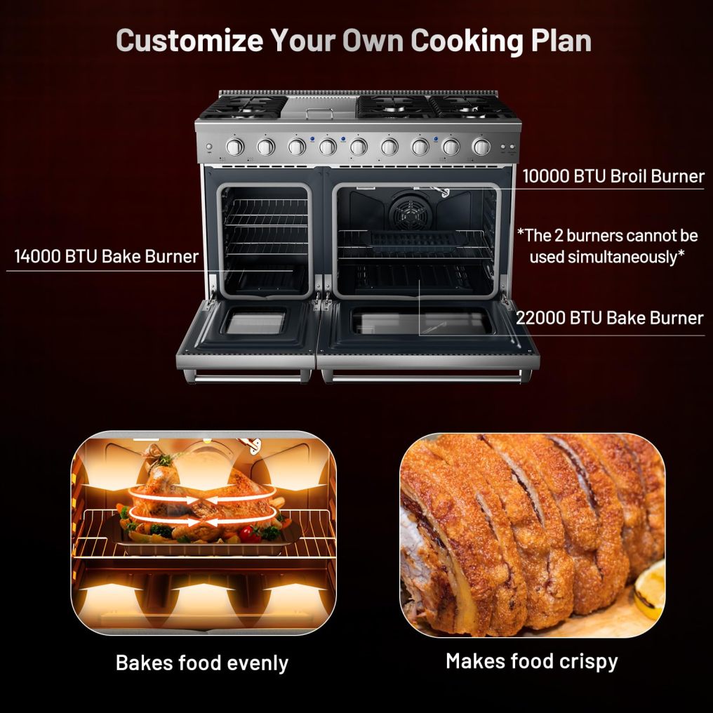 48 Inches Natural Gas Range, with 7 Burners Cooktop & Double Ovens, Storage Drawer