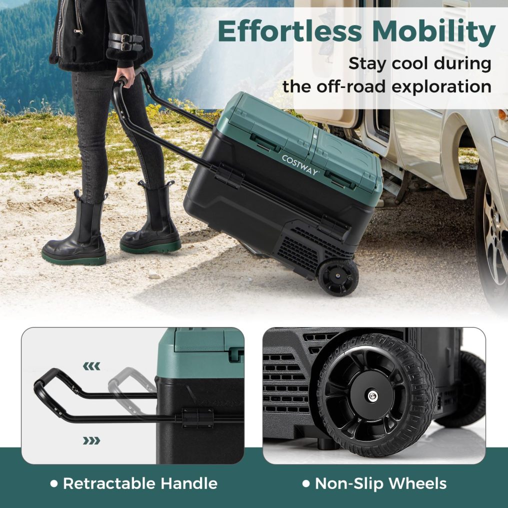 Car Refrigerator with Wheels, 42-Quart Dual-zone Dual-temperature Electric Cooler, 12V/24V DC, 100-240V AC, Green+Black