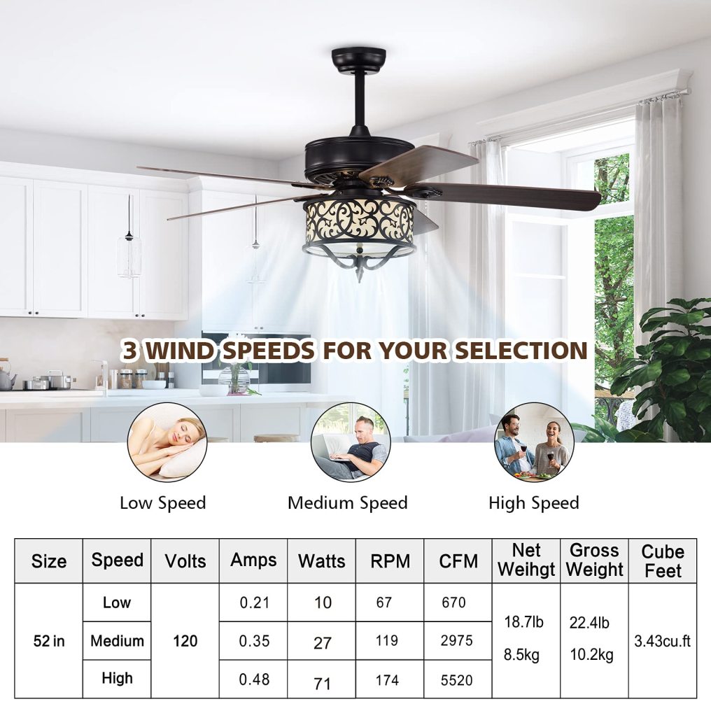 52 Inches Ceiling Fan with Remote Control, Retro Ceiling Fan with Reversible Motor (Bronze)