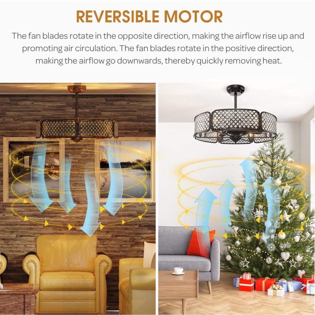 Caged Ceiling Fan with Light, 30 Inch Crystal Ceiling Fan with 6 Light Bases, 3 Fan Blades & Remote Control