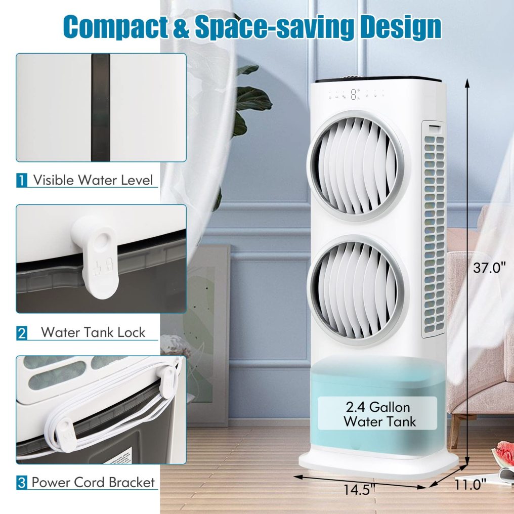 ARLIME Evaporative Air Cooler, 3-in-1 Portable Cooling Fan, 3 Modes, 5 Wind Speeds, 80° Oscillation, 2.4Gal Water Tank & 2 Ice Packs, Remote Control