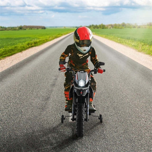 12V Kids Ride On Motorcycle, Licensed Aprilia Electric Dirt Bike with Training Wheels & Headlights, Battery Powered Ride On Car for Ages 3+