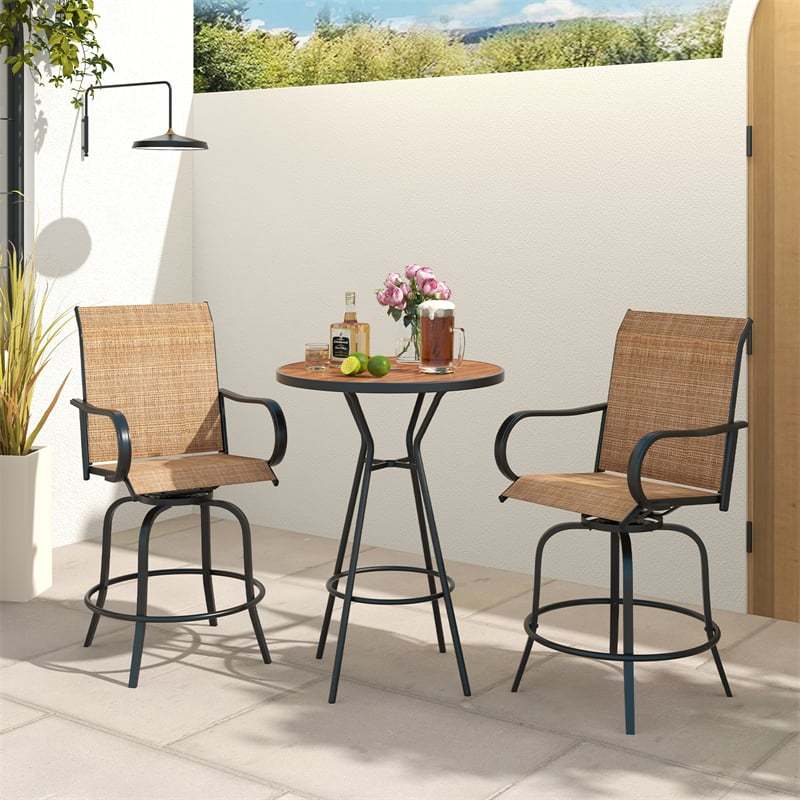 Outdoor Swivel Bar Stools Set of 2, All-Weather Steel Frame Bar Height Patio Chairs with Curved Armrests, High Back & Cozy Footrest