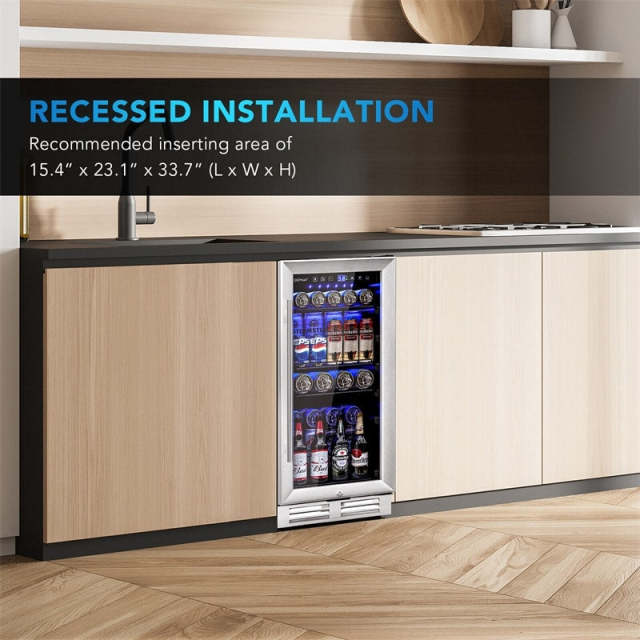 15" Beverage Refrigerator, 100 Can Built-in/Freestanding Drink Fridge with Glass Door & Adjustable Shelves for Soda Beer Wine, Home Office