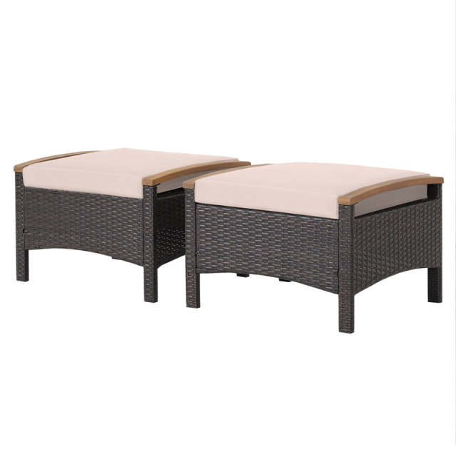 2PCS Patio PE Rattan Ottomans w/ Acacia Wood Handle & Removable Cushion, 3-in-1 Wicker Outdoor Footrest Seat & Side Table for Poolside, Backyard