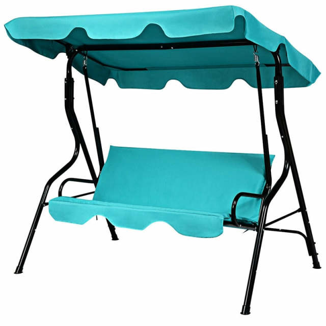 3-Seat Patio Swing with Adjustable Canopy & Removable Cushion, Powder-Coated Steel Frame Outdoor Porch Swing for Backyard, Garden, Balcony