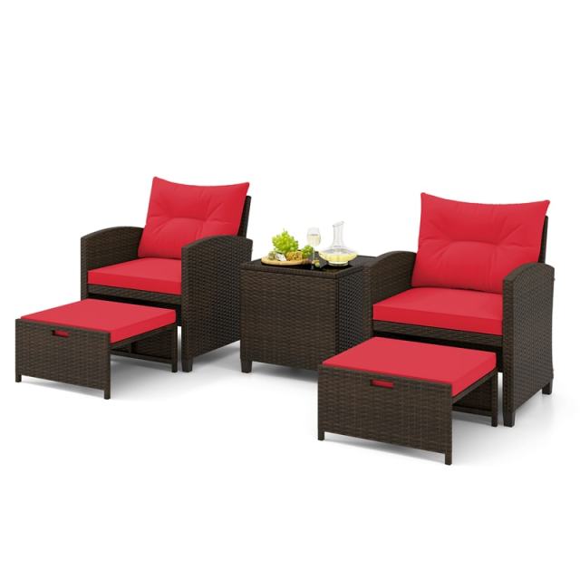 5-Piece Patio Rattan Furniture Set, Cushioned Wicker Chairs with 2 Ottomans & Glass Coffee Table, Outdoor Sectional for Porch Backyard Poolside