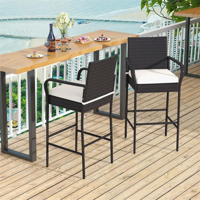 4 Pack Outdoor Wicker Bar Stools 29.5" PE Rattan Patio Bar Height Stools High Back Bar Chairs with Armrests, Cushions, Heavy Duty Metal Frame