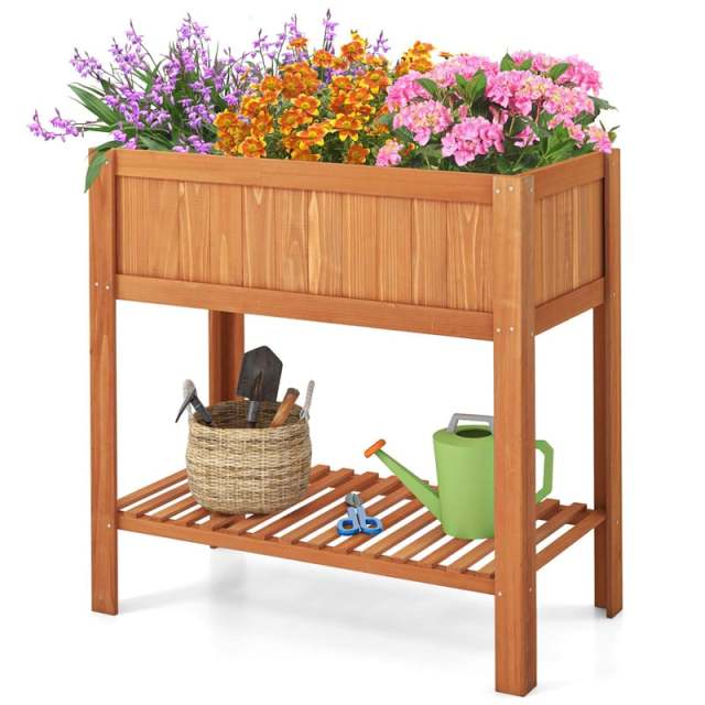 Raised Garden Bed Outdoor Fir Wood Elevated Planter Box Standing Herb Garden Planter with Storage Shelf