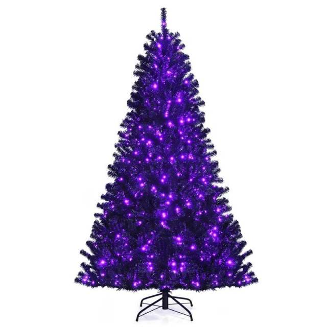 7FT Pre-Lit Black Christmas Tree with 500 Purple LED Lights, 1096 Branch Tips & Metal Stand, Hinged Artificial Halloween Tree for Holiday Decor