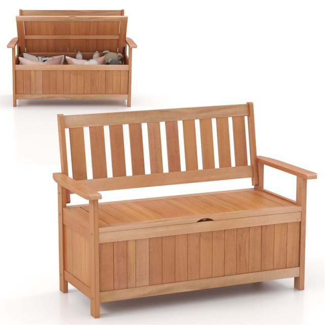 48 Inch Patio Storage Bench Wood Storage Loveseat Entryway Large Deck Box Storage Seat with 34.2 Gal Inner Space & Slatted Backrest