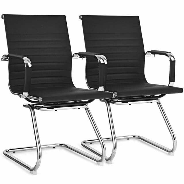 Heavy Duty Office Guest Chairs Set of 2 with Sled Base & Arm Sleeves, No Wheels PU Leather Conference & Reception Chairs for Lobby, Meeting, Waiting