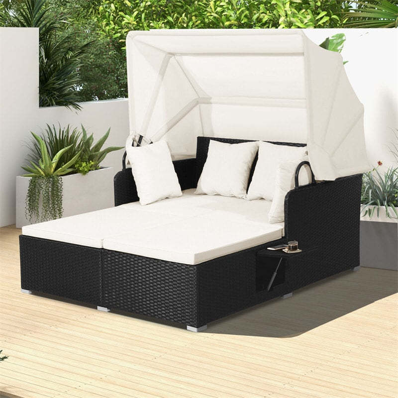 Outdoor Wicker Daybed, Hand-Woven Rattan Daybed with Retractable Canopy, 2 Side Tables, Soft Cushions, Chaise Loveseat for Garden Backyard