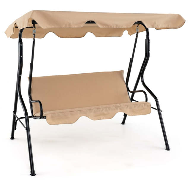 3-Seat Patio Swing with Adjustable Canopy & Removable Cushion, Powder-Coated Steel Frame Outdoor Porch Swing for Backyard, Garden, Balcony