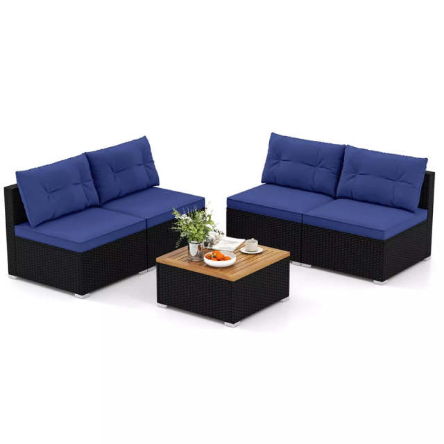 5 Piece PE Rattan Patio Sofa Set with Acacia Wood Top Coffee Table, Seat & Back Cushions, Wicker Outdoor Sectional Furniture for Backyard Garden