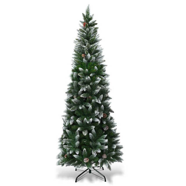 7.5FT Snow Flocked Pencil Christmas Tree with 39 Pine Cones, 720 PVC Branch Tips & Metal Stand, Unlit Hinged Xmas Tree for Indoor Holiday Decor