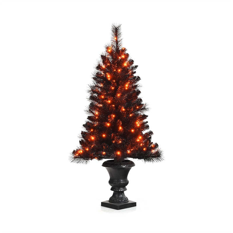 4ft Black Pre-lit Potted Christmas Tree with 100 Orange LED Lights