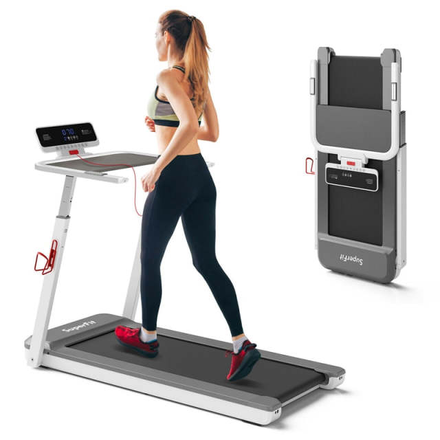 3HP Folding Treadmill w/Desk, Adjustable Height, APP Control, LED Display & 25 Preset Programs, Compact Walking Running Machine for Home Office