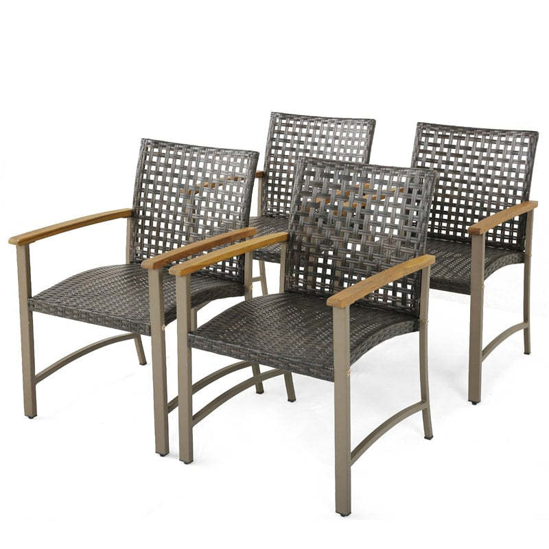 Patio Dining Chairs Set of 4, Outdoor PE Wicker & Metal Frame Chairs with Acacia Wood Armrests, Rattan Armchairs for Garden, Backyard, Poolside