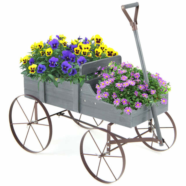 Wooden Wagon Planter with Wheels, Adjustable Handle, 2 Planting Sections, Decorative Garden Cart Planter for Indoor Outdoor, Patio, Backyard