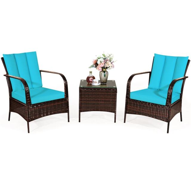 3PCS Patio Rattan Furniture Set with 2 Chairs, Cushions & Tempered Glass Top Coffee Table, Outdoor Wicker Conversation Set for Garden Deck