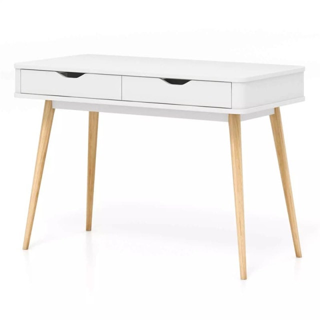 43.5" Mid-Century Desk, Modern Writing Study Desk with 2 Drawers & Rubber Wood Legs, Home Office Desk for Small Space, Vanity Table for Bedroom