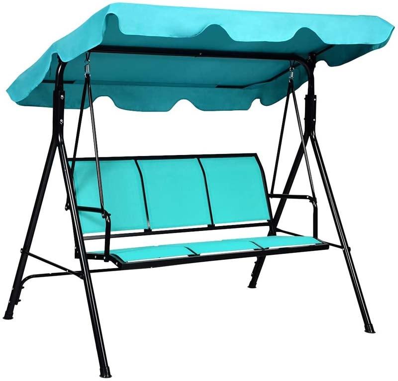 3-Person Outdoor Patio Swing with Adjustable Canopy & Steel Frame, Weather-resistant Porch Swing Bench for Garden, Yard, Poolside, Balcony