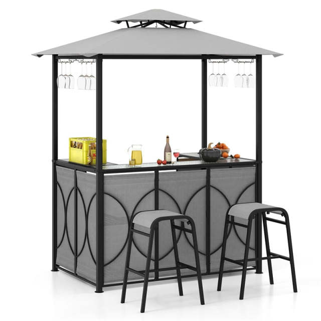 3 Piece Patio Bar Set, Grill Gazebo with 2 Bar Stools, Tempered Glass Bar Table, Double-Tier Canopy, Metal Storage Shelves for Garden, Poolside