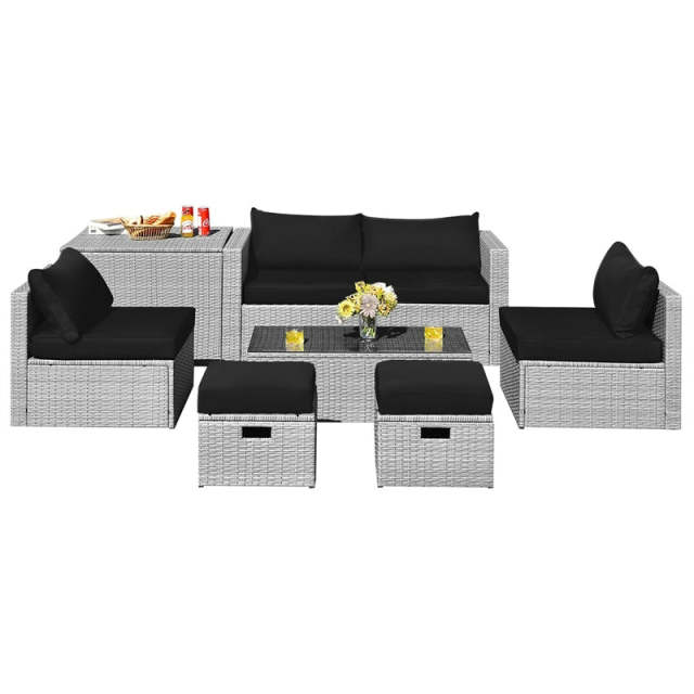 8 Piece Patio Furniture Set, PE Rattan Sectional Sofa Set with Storage Box, Ottomans, Coffee Table, Waterproof Cushions for Poolside/Balcony