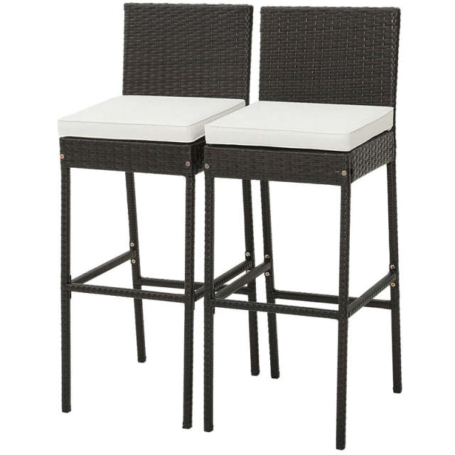 Wicker Outdoor Bar Stools Set of 2, Heavy-Duty Metal Frame Bar Height Patio Chairs with Soft Seat Cushions & Footrests
