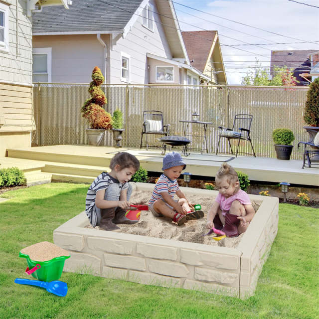 4FT Kids Sandbox, Weather Resistant HDPE Square Sand Pit with Oxford Cover & Bottom Liner for Outdoor Backyard, Lawn, Garden & Beach Play
