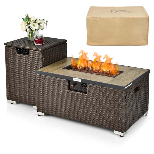 2-Piece Rattan Outdoor Fire Pit Table Set with Hideaway Tank Holder, Lava Rocks & Cover, 40,000BTU Wicker Propane Fire Table for Patio, Backyard