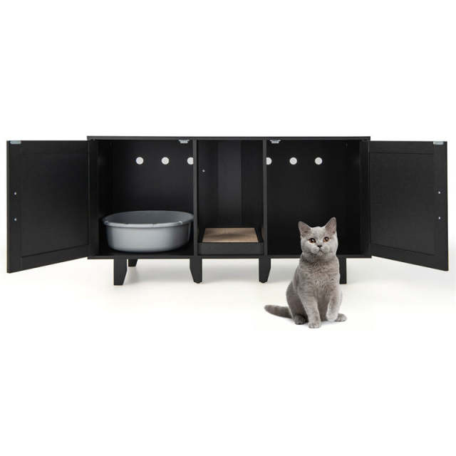 Double Cat Litter Box Enclosure, Large Hidden Cat Washroom Furniture with 2 Cabinets & Scratching Board, Cat House TV Stand Side Table