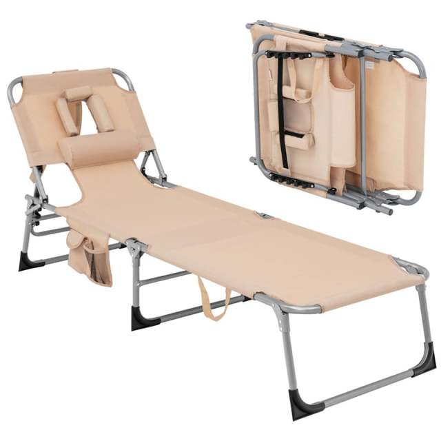 Folding Beach Lounge Chair 5-Position Adjustable Outdoor Tanning Chair with Pillow
