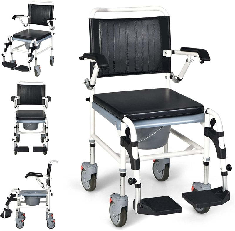 4-in-1 Bedside Commode Shower Chair with Lockable Wheels & Detachable Bucket, Height Adjustable Mobile Toilet Chair for Elderly & Adults